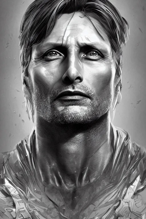 Image similar to symmetry!! portrait of mads mikkelsen in the style of horizon zero dawn, machine face, intricate, elegant, highly detailed, digital painting, artstation, concept art, smooth, sharp focus, illustration, art by artgerm and greg rutkowski and alphonse mucha, 8 k