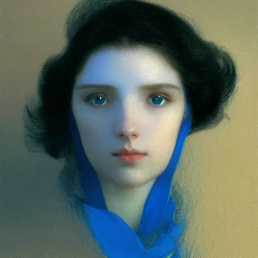 Image similar to young woman's face, her hair is white and she wears a cobalt blue satin cloak, by ivan aivazovsky and syd mead and moebius and gaston bussiere and roger dean and wojciech siudmak and pieter claesz and paul delaroche and alma tadema and aelbert cuyp, hyperrealistic, volumetric light, octane render