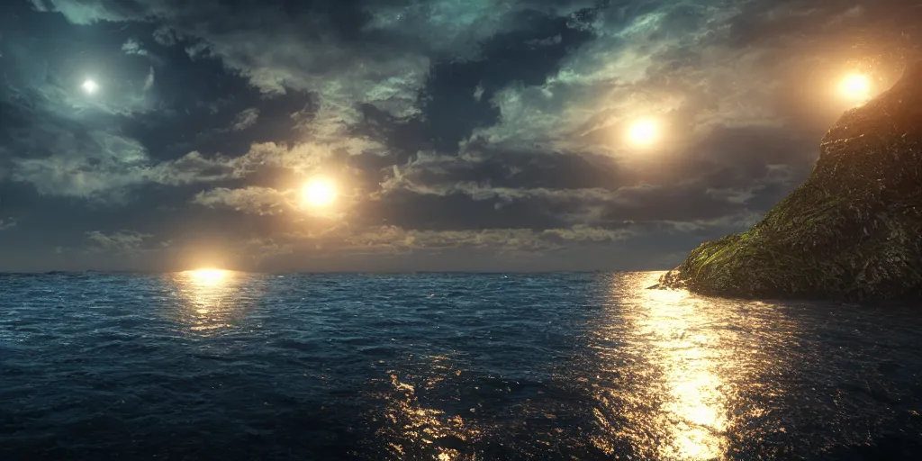 Image similar to ocean night projection, octane render, unreal engine, matte painting