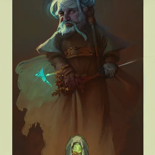 Prompt: old gnome wizard, by greg rutkowski and alphonse mucha, digital art, realistic painting, fantasy, dnd, character design, trending on artstation