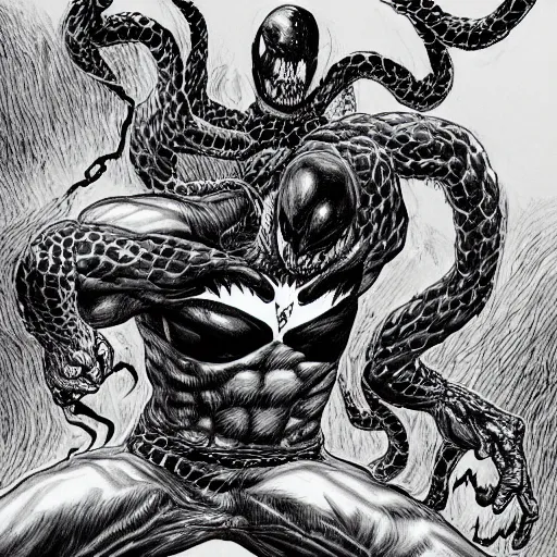 Image similar to Venom by Kentaro Miura, highly detailed, black and white