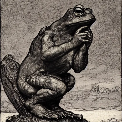 Image similar to toad philosopher toad in a pose The Thinker, swamp, by Auguste Rodin, illustrations by irish fairy tales james stephens arthur rackham, fairy tale illustrations, top cinematic lighting , cinematic mood, very detailed, shot in canon, 8k, high resolution