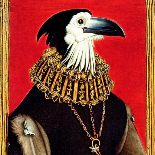 Image similar to a highly detailed portrait of a raven, wearing elegant tudor clothes, inside a room with thick red tapestries, by hans holbein and alessandro allori