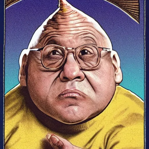 Image similar to Danny DeVito conehead tarot card