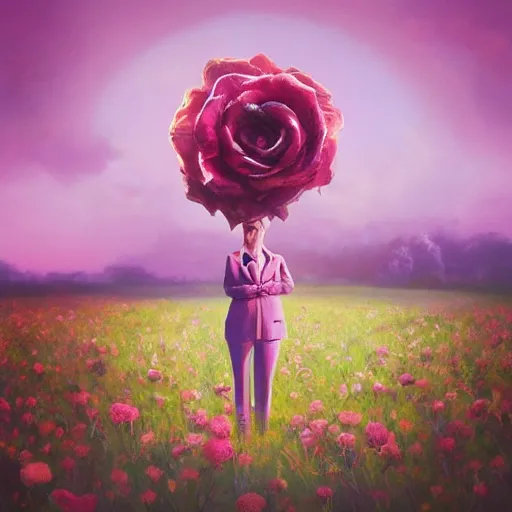 Image similar to closeup, giant rose flower head, frontal, girl in a suit, surreal photography, sunrise, blue sky, dramatic light, impressionist painting, digital painting, artstation, simon stalenhag