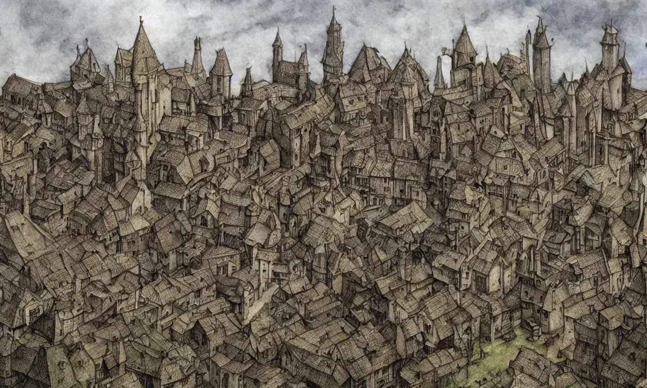 Image similar to stereoscopic 3D medieval small town with farms, middle-ages, high detailed sketch by John Howe and Alan Lee, award-winning masterpiece