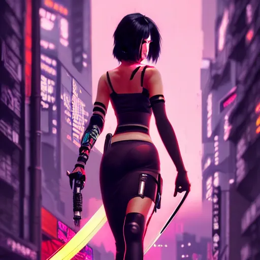 Image similar to beautiful female with katana, short black hair, cyberpunk 2077, city background, rainy night, neon glow concept art, sharp focus, intricate, digital painting, artstation, official media, anime key visual, highly detailed, rich vivid colors ambient lighting, illustration, art by Artgerm, Makoto Shinkai, Ilya Kuvshinov, Lois Van Baarle and Rossdraws