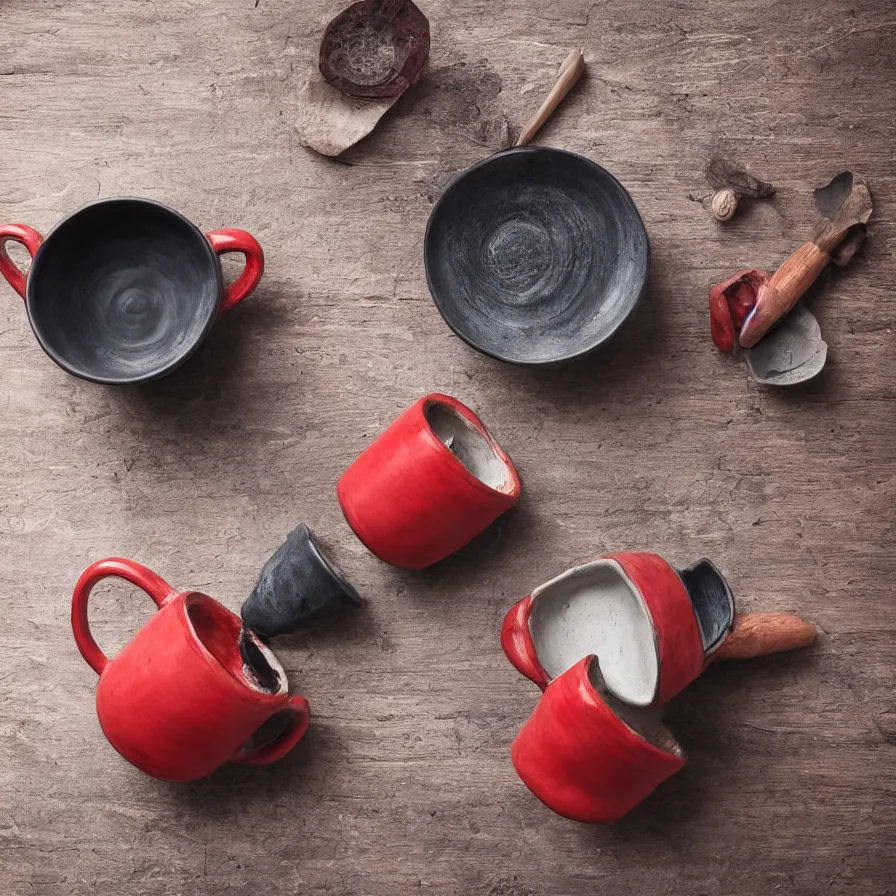 Prompt: beautiful studio photograph of a hand - thrown stoneware mug in the style of greek black on red pottery on a wooden table, hyperrealism 8 k trending on artstation