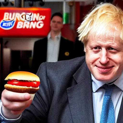 Prompt: boris johnson working at burger king serving liz truss a burger digital art