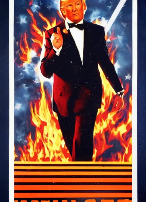 Prompt: an 8 0's john alvin action movie poster of donald trump starring in trumpster fire. explosions.
