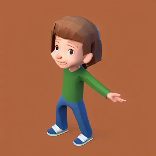 Prompt: Isometric 3d render of a boy with a long nose and brown hair, white background, ambient occlusion, cute, chibi proportions, low poly