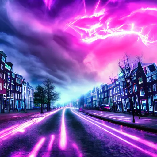 Prompt: apocalyptic amsterdam with psychedelic clouds in the year 2 1 4 5. 4 k blue pink purple. ambient lightning, haze, fog, glow, sunset, digital art, neon.