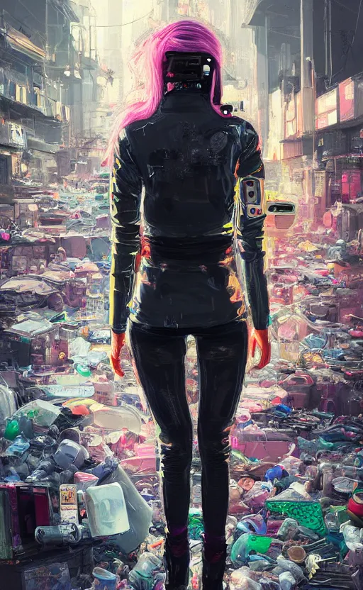 Prompt: detailed portrait neon guard girl with long straight blonde hair, round glasses, seen from the back, cyberpunk futuristic, reflective puffer jacket, black leggings, decorated with traditional ornaments in front of a dystopian crowd with piles of garbage by ismail inceoglu dragan bibin hans thoma, perfect face, fine details, realistic shaded, fine - face, pretty face