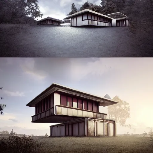Image similar to modernist house inspired by a tibetan palace, in a field, big trees, clouds, dramatic lighting, artstation, matte painting, raphael lacoste, simon stalenhag, frank lloyd wright, drone view