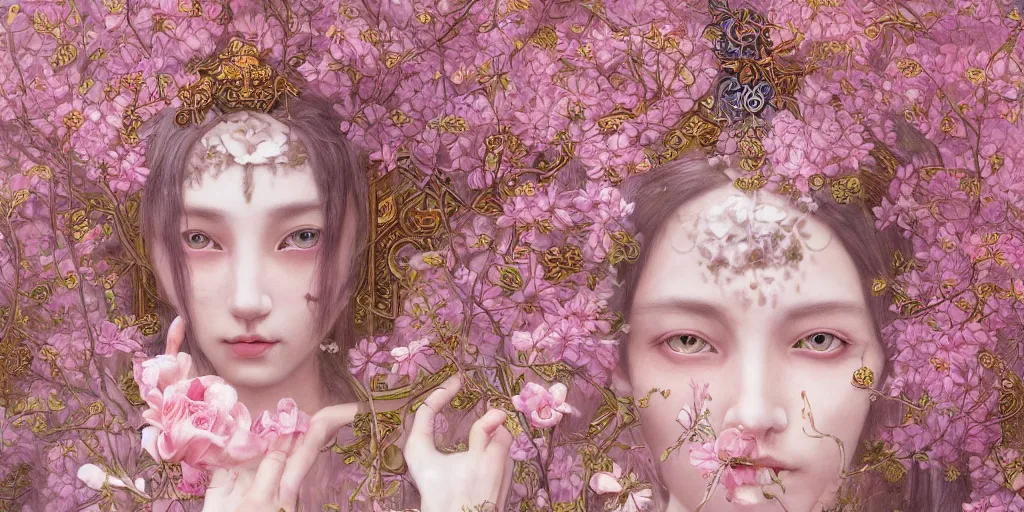 Image similar to breathtaking detailed weird concept art painting of few goddesses of light pink flowers, orthodox saint, with anxious, piercing eyes, ornate background, amalgamation of leaves and flowers, by Hsiao-Ron Cheng, extremely moody lighting, 8K