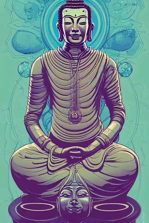 Prompt: a study of cell shaded cyborg astronaut buddha meditating in a lotus flower illustration, golden ratio, post grunge portrait, character concept art by josan gonzalez, james jean, Mike Mignola, Laurie Greasley, highly detailed, sharp focus, alien, Artstation, deviantart, artgem