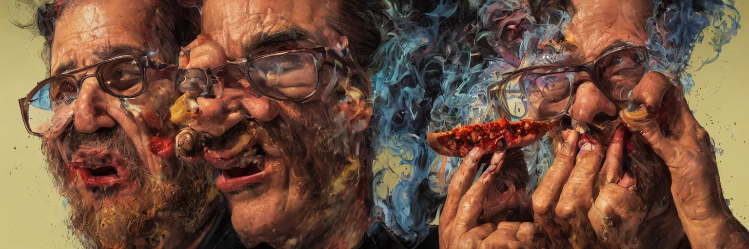 Prompt: colorful oil painting of character faces, realistic nick cave smoking pizza, screaming, melting, glasses, disturbed, character sheet, fine details, concept design, contrast, kim jung gi, greg rutkowski and da vinci, 8 k, emotional, face turnaround 3 6 0, front view, back view, side view, ultra wide angle