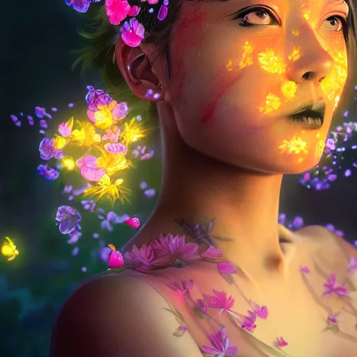 Prompt: terrifying closeup portrait of a beautiful carefree goth girl in tanktop covered in glowing flowers, by katsuhiro otomo, yoshitaka amano, nico tanigawa, artgerm, greg rutkowski makoto shinkai takashi takeuchi rendered with intense 3 d effect reflective shadowing, cinematic lighting, hyperrealistic illustration uhd 8 k