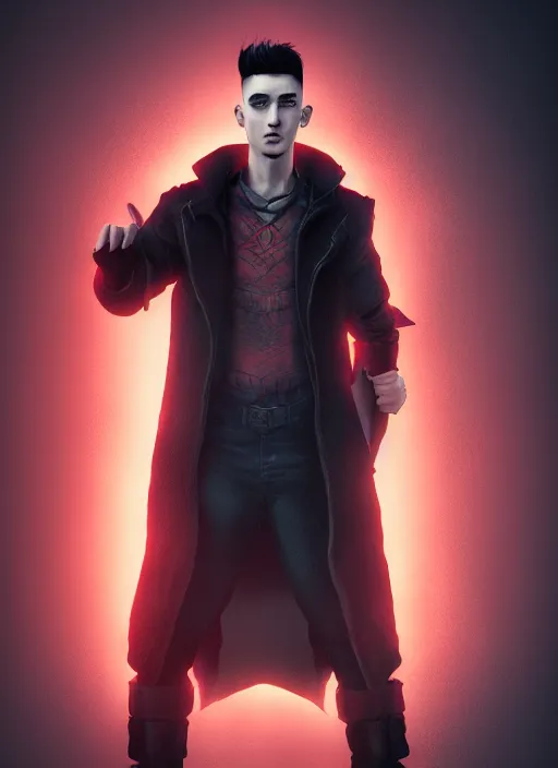 Image similar to An epic fantasy comic book style portrait painting of a young man with black undercut haircut, wearing red clothes, black overcoat, blue jeans. Unreal 5, DAZ, hyperrealistic, octane render, cosplay, RPG portrait, dynamic lighting