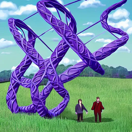 Image similar to in a field, two scientists in lab coats encounter a monster shaped like the DNA double helix, digital art