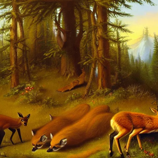 Image similar to a deer king wearing a crown in a forest clearing. a fox, bear and wolf are bowing before the deer. oil painting.