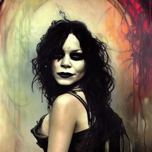 Image similar to beautiful portrait of vanessa hudgens as death from sandman, smiling, by cedric peyravernay, alphonse mucha, by jeremy mann, by lecouffe deharme, goth chic, soft lightning, eyeliner, punk rock, high detailed, 8 k