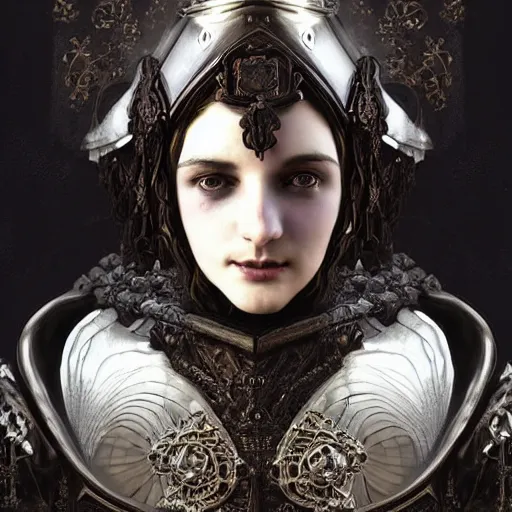 Image similar to beautiful victorian and luxury and goddess and gothic female medieval Black armor knight portrait+shiny eyes+front face with light flowing hair, ultradetail face, ruined gothic cathedral, art and illustration by tian zi and craig mullins and WLOP and alphonse mucha, ssci-fi, fantasy, intricate complexity, human structure, hypermaximalist, fantasy character concept, dynamic lighting, neon light, watermark, blurry, hyperrealism 8k