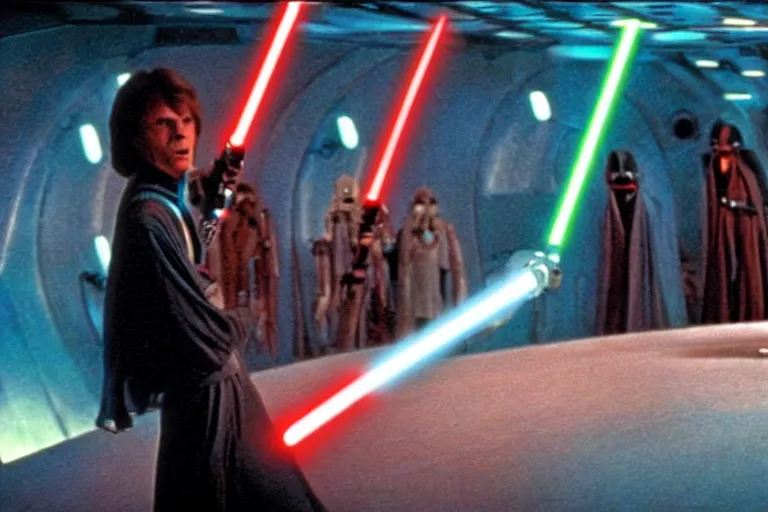 Prompt: scene from star wars: the empire strikes back, david bowie as ziggy skywalker turns on a lightsaber in a mirror maze, amazing cinematography