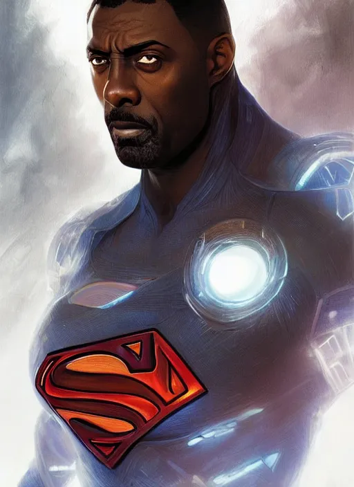 Image similar to Idris Elba as Superman, fantasy, intricate, elegant, highly detailed, digital painting, artstation, concept art, smooth, sharp focus, illustration, art by artgerm and greg rutkowski and alphonse mucha