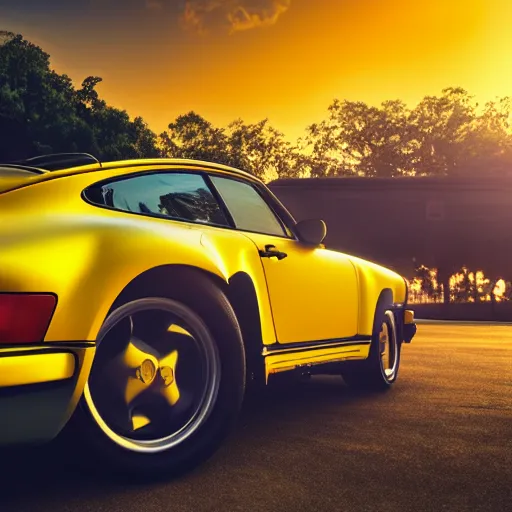 Prompt: a yellow 1 9 8 5 porsche 9 1 1 turbo, palm beach swimming pool, sunset, hyperreal, 4 k