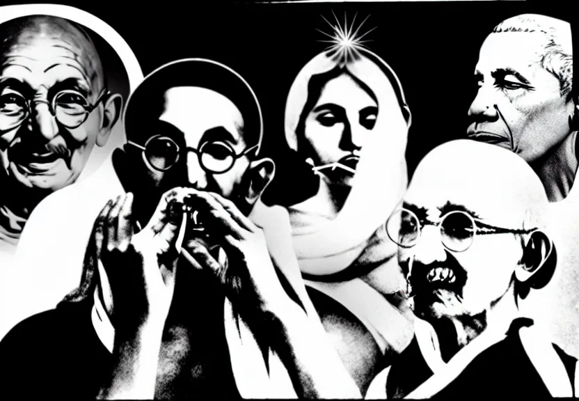 Image similar to Gandhi , Obama, Jesus, And Lady GaGa sharing a joint smoking in a circle, photograph credit: AP, Andy Warhol, photograph, by Beeple