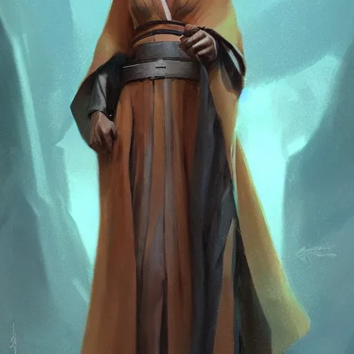 Image similar to portrait of a woman by greg rutkowski, jedi knight jade skywalker, wavy copper hair, jedi robes, star wars expanded universe, she is about 2 0 years old, wearing jedi robes, highly detailed portrait, digital painting, artstation, concept art, smooth, sharp foccus ilustration, artstation hq