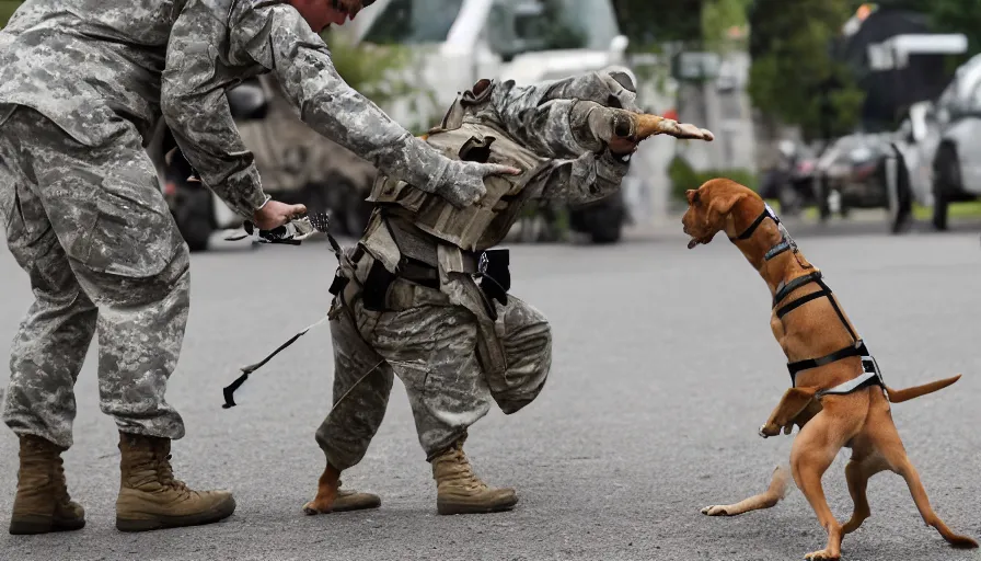 Image similar to a soldier sends a dog to attack a cyborg