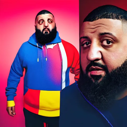 Prompt: ultra detailed portrait photo of dj khaled in a studio, blue, under red and yellow cinematic lighting