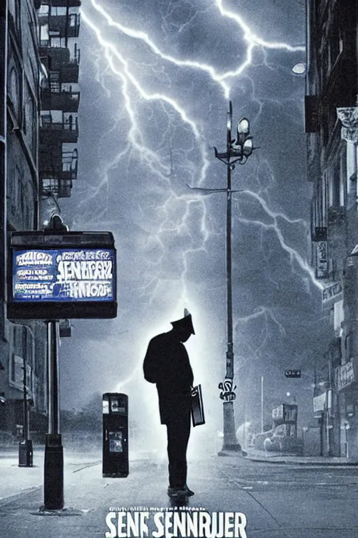 Image similar to a movie poster for a movie called senor featuring a junkie making a payphone call in a thunderstorm in queens at night in the 1 9 9 0 s, similar to the exorcist