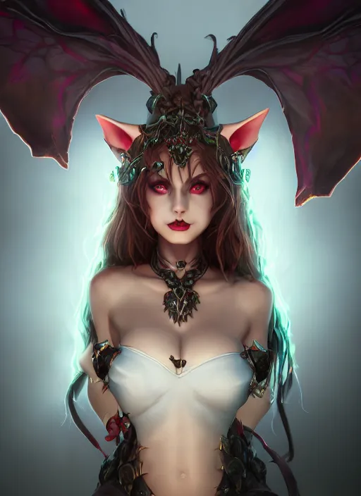 Image similar to imp demon goddess, cute elf ears, strapless dress, character portrait in the style of thomas river and artgerm, cinematic lighting, hyperdetailed, 8 k realistic, symmetrical, global illumination, radiant light,, frostbite 3 engine, cryengine, dof, trending on artstation, digital art, chanel