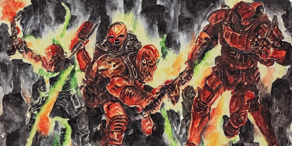 Image similar to doomguy fight in hell watercolor art dark shadows pergament paper