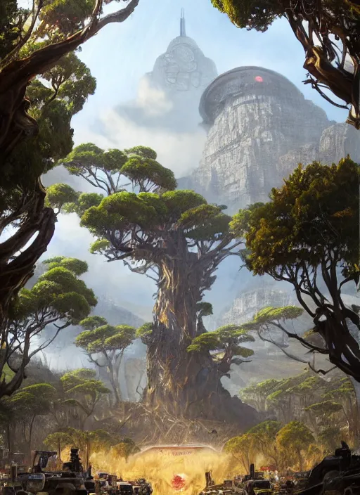 Image similar to hyper realistic robot attacking cape town city beautiful details, gnarly trees, strong composition, poster painted by greg rutkowski, concept art, arcane style, hearthstone wizards of the coast norman rockwell, james gurney and greg rutkowski weta studio, and lucasfilm and best of artstation