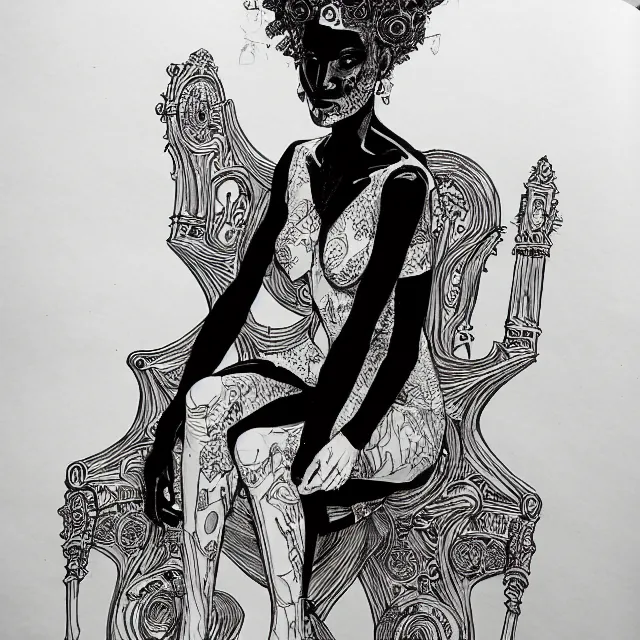 Image similar to salome full figure sitting on throne sketchbook ink drawing by james jean very detailed high contrast