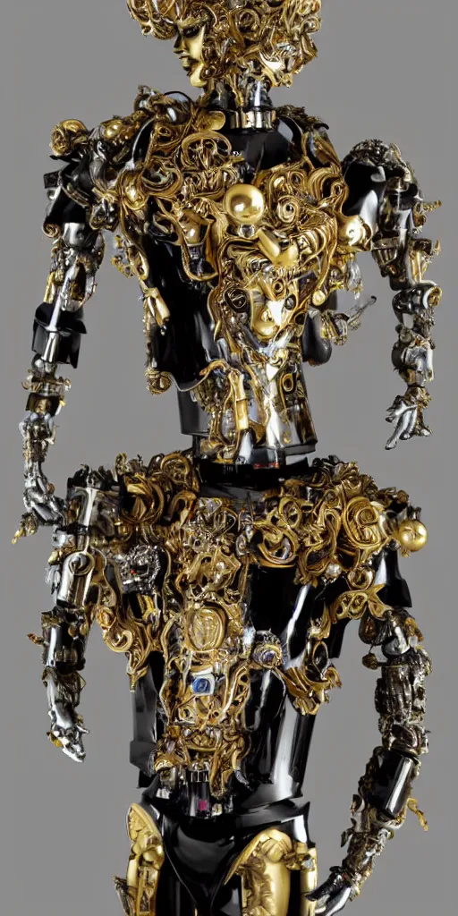 Image similar to baroque and cyberpunk style full-body sculpture of a young seductive Hispanic prince half android with a chest exposing a glowing ruby battery with porcelain arms posed like a model, glowing gold laser eyes, crown of white gears and sparkling diamonds, swirling white-colored silk fabric, robot dinosaurs. modern elements. reflective surfaces. intricate artwork by caravaggio. art by Artgerm and Alphonse Mucha, Trending on artstation, cinematic industrial lighting, photorealistic, octane render, 8k, depth of field, 3D