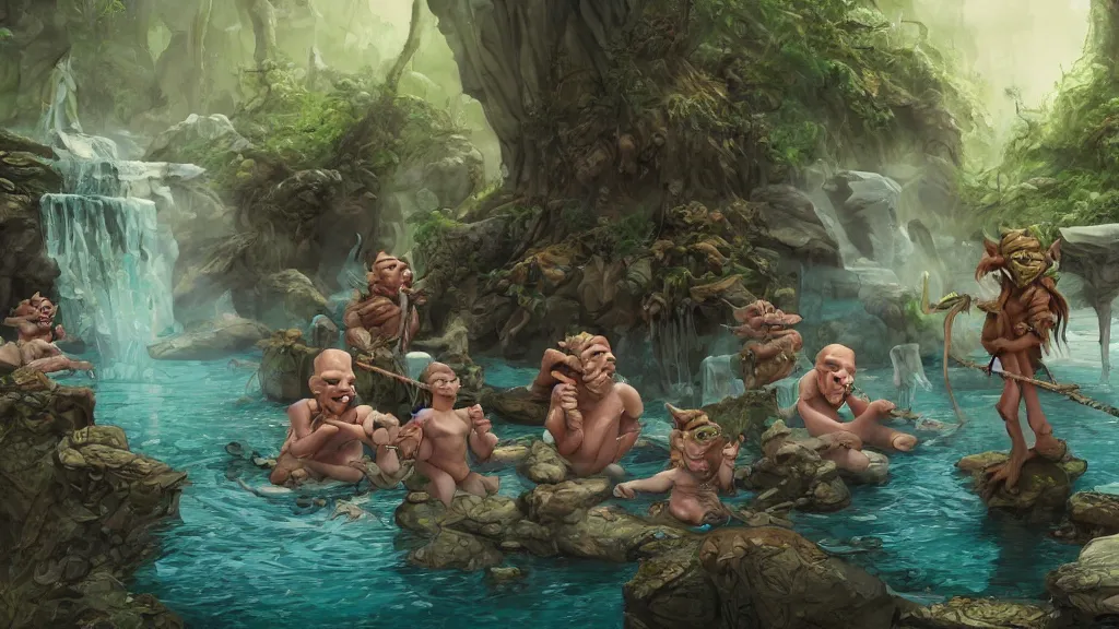 Prompt: goblins relaxing at the hot springs, natural lighting, D&D, fantasy, intricate, elegant, highly detailed, digital painting, artstation, concept art, matte, sharp focus, illustration