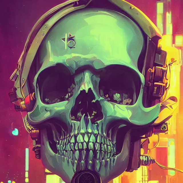 Image similar to a beautiful painting of a ( ( cyberpunk ) ) skull by simon stalenhag and pascal blanche and alphonse mucha! and nekro!. in style of digital art. colorful comic, film noir, symmetry, hyper detailed. octane render. trending on artstation