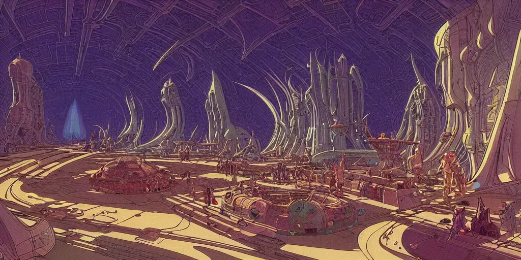 Image similar to cel shaded cinematic shot of the interior of a sci-fi space station with ornate Elven architecture bustling with people, epic castle, emerald, crystalline, detailed illustration, sharp focus, crisp lines, art by Moebius!!!, Jean Giraud Moebius!!! comic illustration