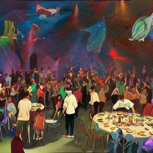 Image similar to cartoon, a lot of people communicating with each other in groups of ten, a large hall, dim painterly lighting volumetric aquatics, party