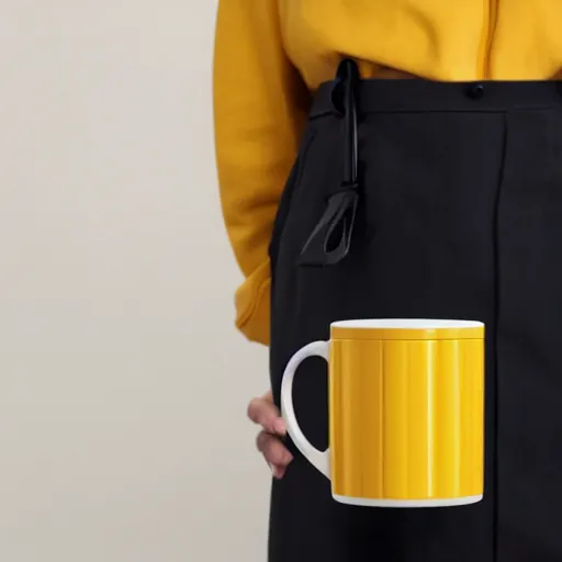 Prompt: yellow coffee mug that looks similar to a rimowa portmanteau with leather handle