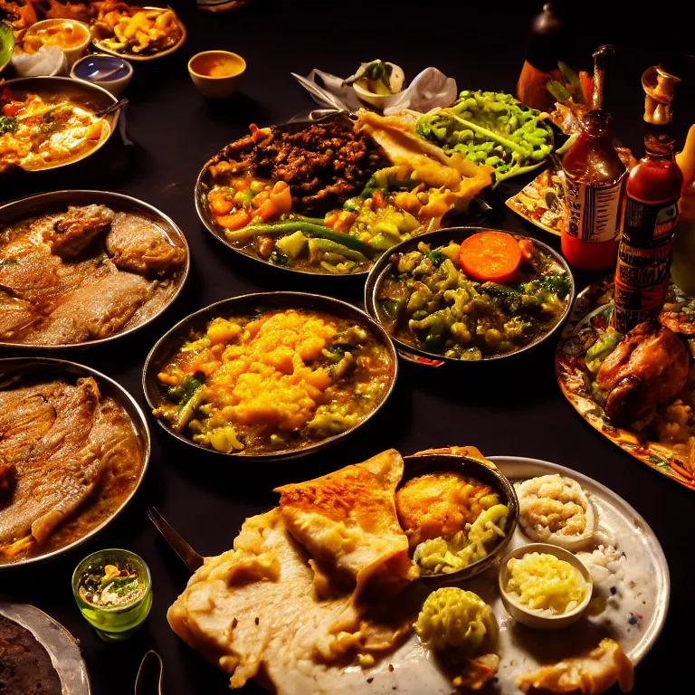 Prompt: close - up focused dslr photograph of an mozambican dinner, 8 k, high detail, volumetric lighting, hyperrealism, aesthetically pleasing, studio lighting, trending