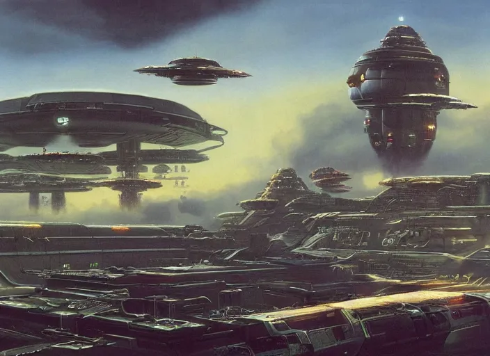 Prompt: cinematic matte painting, peter elson, chris foss, terran trade authority