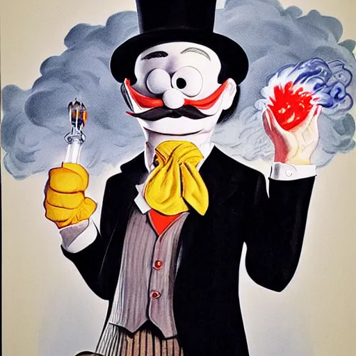 Prompt: uncle pennybags holding a Sherlock pipe, melting smoke clouds, drawing by Alex Ross