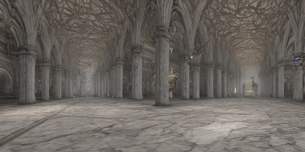 Image similar to the grand halls of anor londo, marble floors, art by kotaro chiba, volumetric lighting, epic composition