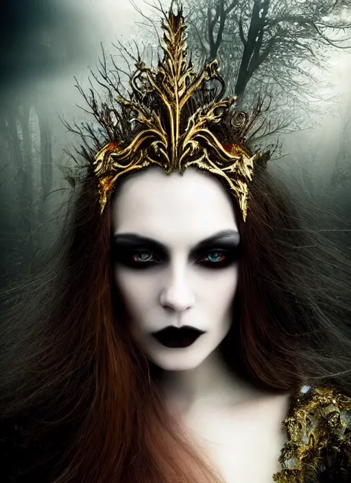 Prompt: beauteous gothic vampire, practical sumptuous white pearlescent with gold, copper, bronze, iridescent titanium in a swirling mist, cinematic forest lighting, lifelike incredible long shimmering flowing hair, crystalline masterpiece incrustations, hyperdetailed face, elegant pose, specular highlights, by victoria frances